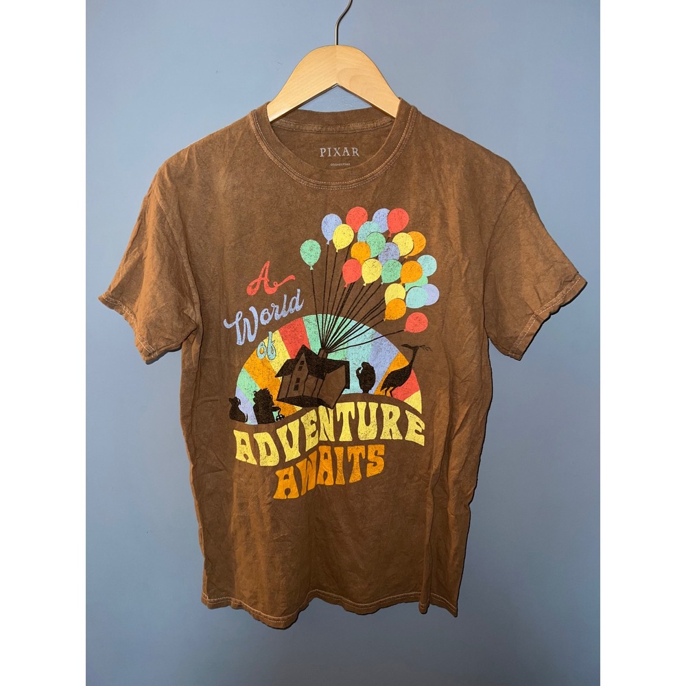 Disney Pixar Up Adventure Awaits Brown Mineral Wash Graphic Tee Shirt Mens M